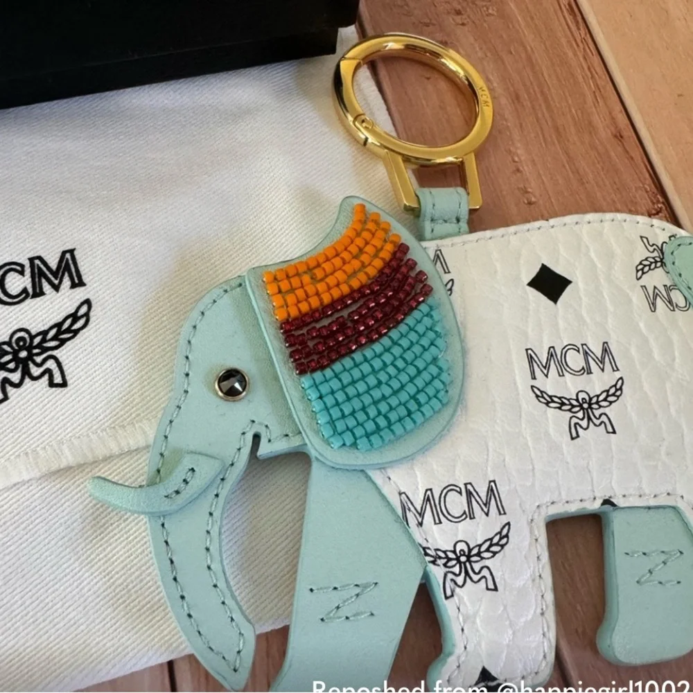 MCM Blue White Monogram Logo Beaded Elephant Charm Keychain